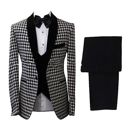 Mrjitor uomo 3 pezzi (giacca pied de poule) abito formale smoking da ballo scialle di velluto nero bavero, gilet e pantaloni