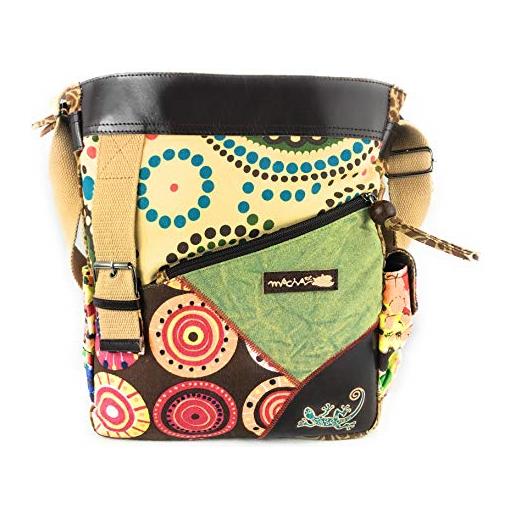 Macha borsa in cotone etnico con stampe colorate e inserti in pelle, borsa a tracolla in cotone e pelle per donna etnica indiana colorata (verde)