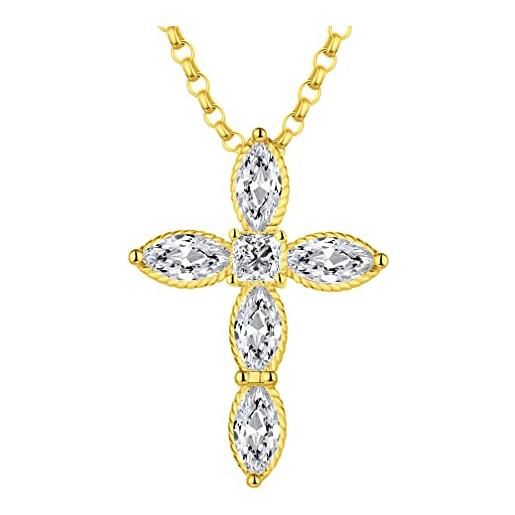 JO WISDOM collana croce argento 925 donna, ciondolo con catena crocifisso zirconia cubica 3a con placcato in oro giallo