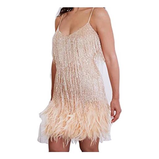 Msharn abito da donna con cinturino per spaghetti con paillettes e frange di piume, abito aderente sexy con scollo a v profondo, abbigliamento da ballo per feste (color: gold, size: xl)