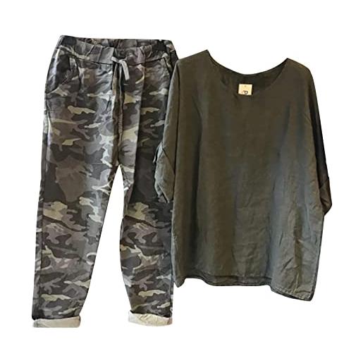 TROTTS completi in due pezzi da donna camicie e pantaloni in lino di cotone estate 2023 comodi set casual taglie forti (color: green, size: l)