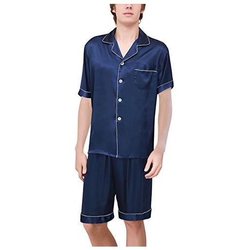 Dolamen coppie pigiama per uomo raso, uomo corto primavera estate pigiama da notte, uomo pigiama controllare bottoni camicia collare con pocket (xx-large, blu)