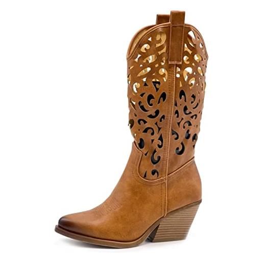 Toocool - scarpe donna stivali stivaletti texani camperos western traforati g629 [37, yg888 cuoio]