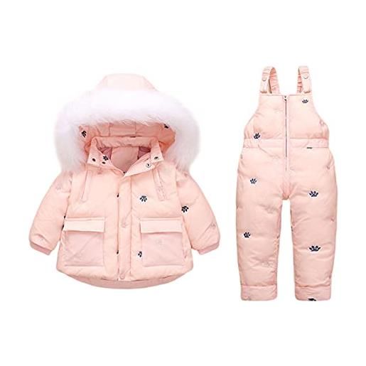 Minizone bambini tuta da sci 2pcs inverno piumino con cappuccino + pantaloni con bretelle da neve leggero e caldo abbigliamento da sci per bambino, rosa 100-110cm