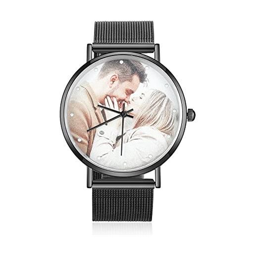 Lam Hub Fong personalizzati foto orologio da polso per donna con incisione testo moda orologio metallo cinghia rose gold quadrante nero impermeabile regalo di compleanno per la madre fidanzata famiglia (nero)