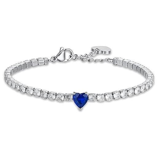 Luca Barra bracciale tennis donna in acciaio con cristalli bianchi e cuore cristallo blu. La referenza è bk2521