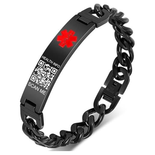 Theluckytag braccialetto di allerta medica con codice qr per uomini e donne, abbigliamento da lavoro, cinturino in acciaio al titanio adatto a polsi fino a 20,3 cm - più spazio personalizzato