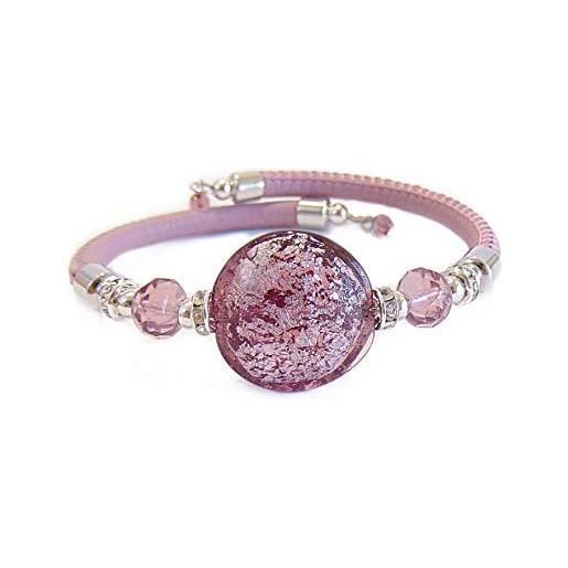 VENEZIA CLASSICA - bracciale da donna con perla in vetro di murano originale e vera pelle toscana, collezione tuscany, con foglia in argento e oro 24kt, made in italy certificato (lilla/argento)