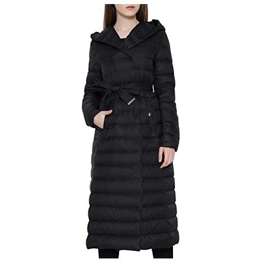 semen donne inverno caldo addensato lungo piumino giacca con cappuccio leggero maxi puffer capispalla parka cappotto con cintura, nero , 40