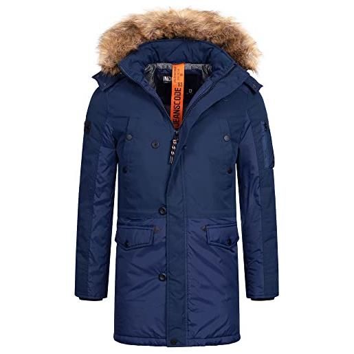 Indicode parka invernale da uomo jarl con cappuccio in pelliccia sintetica rimovibile e colletto alto, calda giacca invernale spessa, blu navy, l
