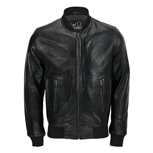 Xposed giacca da motociclista da uomo, in vera pelle, stile retrò, slim fit, colore nero senza collare bomber xxxxl
