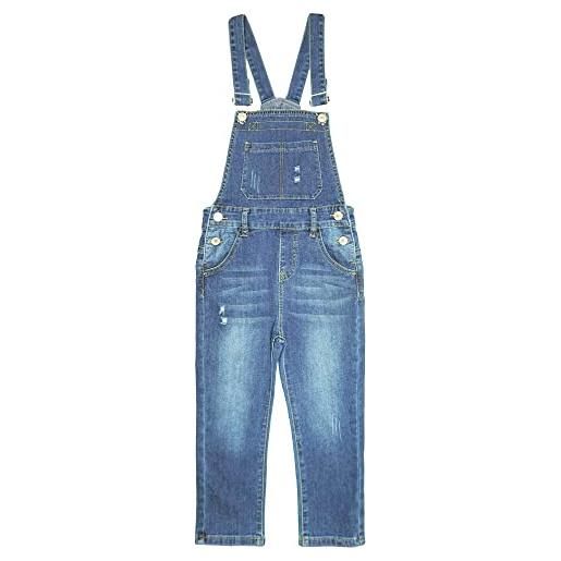 KIDSCOOL SPACE ragazzini jeans slim fit, salopette strappata con tasca grande, salopette di jeans alla moda, blu profondo, 7-8 anni