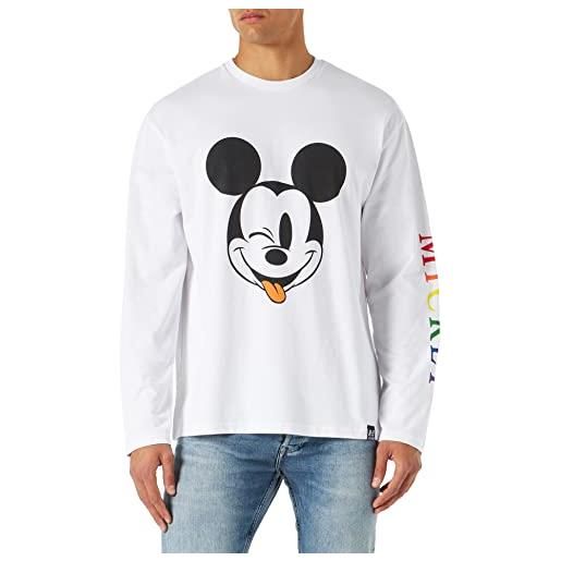 Recovered disney multi coloured mickey text relaxed white l/s maglietta by xl t-shirt, bianco, unisex-adulto