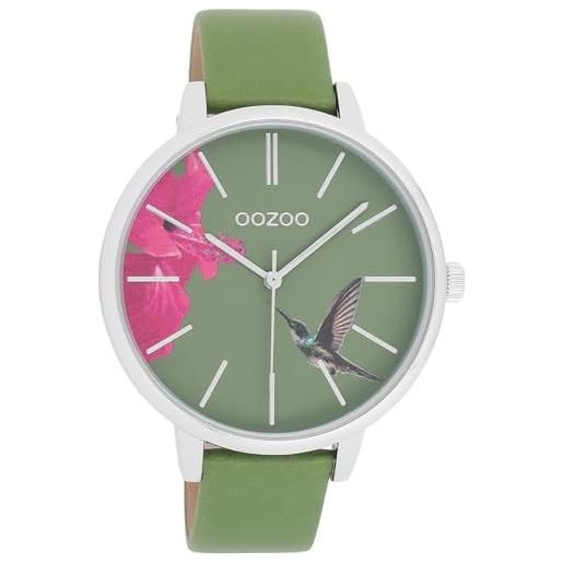 Oozoo orologio da donna con cinturino in pelle 42 mm colours of summer ibisco e colibrì in diverse varianti, c11065 - verde