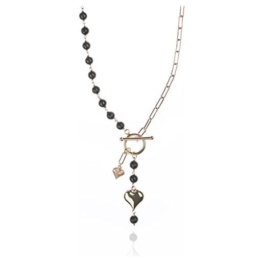 ECLETTIKA, collana in argento 925 - placcata oro rosa con pietre naturali - agata nera - cuore bombato in argento - chiusura a t-bar