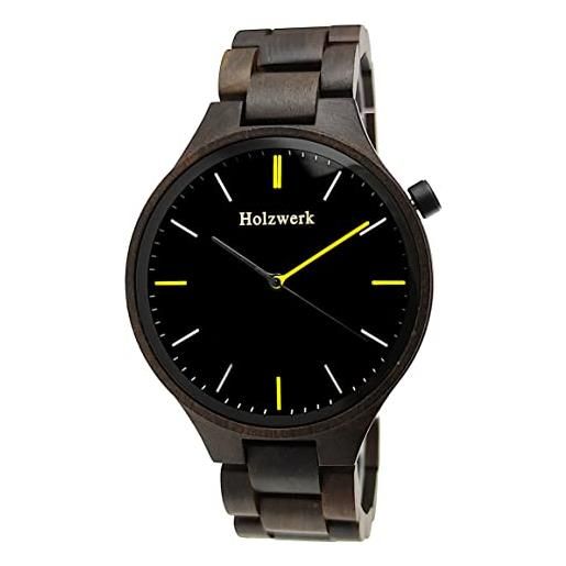 Holzwerk Germany orologio da uomo, realizzato a mano, ecologico, in legno, analogico, classico, al quarzo, marrone, nero, giallo, bracciale