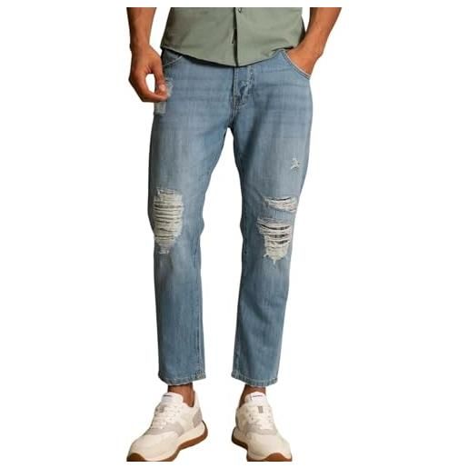JACK & JONES jeans cropped, vita alta, in tessuto non elasticizzato con rotture e toppe colorate. Blu 33w / 30l denim chiaro