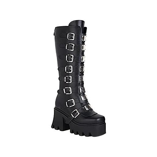JIFAENY donna punk metallo fibbia piattaforma bianco ginocchio stivali alti gotico cosplay suola gomma buio ragazza invernale scarpe, nero , 39 eu