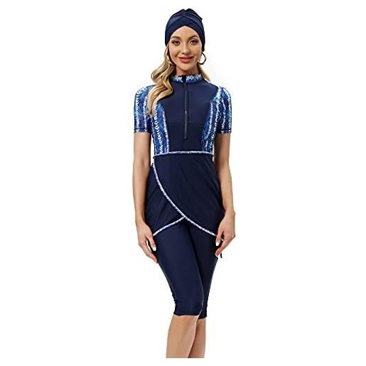 seafanny costume da bagno da donna musulmana corto burkini modesto costume da bagno con cerniera frontale (blu 44-46) 2xl