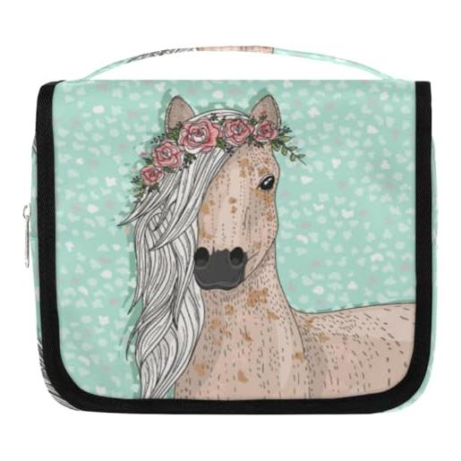 WowPrint beauty case da viaggio con cavallo con fiore per donne, uomini, bambini, ragazze, ragazzi, carino cavallo trucco borsa cosmetica da appendere borsa da bagno organizer per articoli da toeletta borsa da
