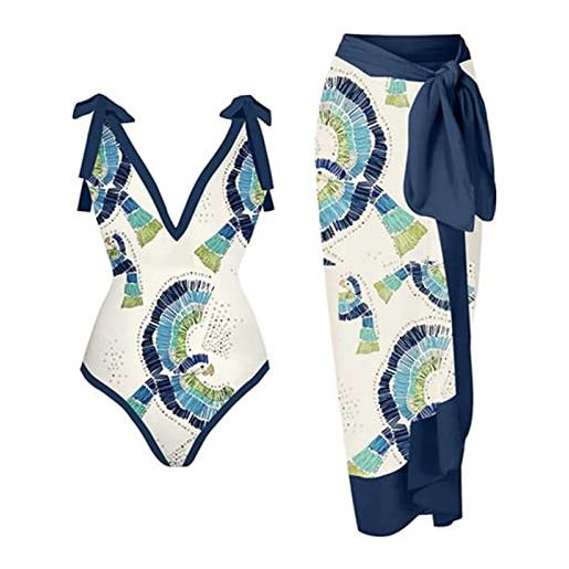 Generico pareo mare lungo costume da bagno donna 1 pezzo + 1 pezzo cover up costume da bagno in due pezzi con stampa vintage monokini bikini costume da bagno in 2 pezzi set tankini in due pezzi