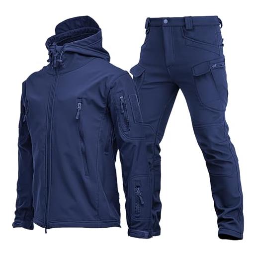 Generic giacca da uomo in pile morbido hardshell, tinta unita e mimetico, antivento e pioggia, giacca e pantaloni, blu, m