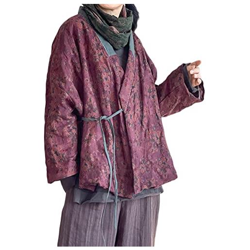 NFYM donne cotone imbottito breve giacca kimono cardigan avvolgere anteriore cinese hanfu stile stampato patchwork allentato outwear, viola, taglia unica