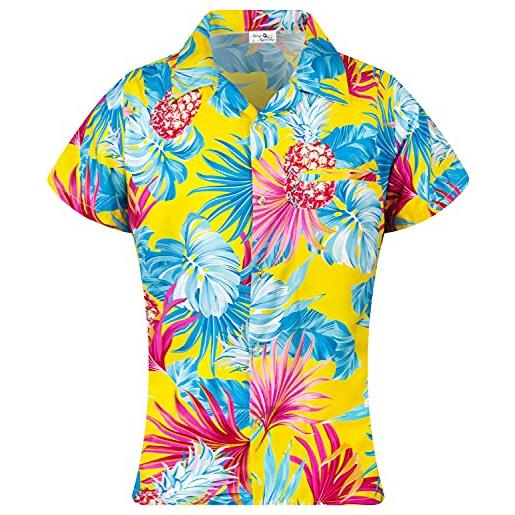 King Kameha funky casual hawaiian camicetta camicia donna tasca anteriore pulsante giù molto forte manica corta ananas foglie stampa - giallo - 3xl