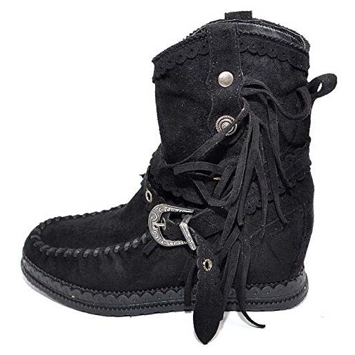 Malu Shoes stivaletto donna indianini nero scamosciati con frange zeppa interna 5 cm cinturino fibbia altezza caviglia moda ibiza (39 eu)
