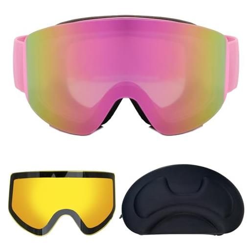 Otekuvic maschera sci uomo donna, occhiali da sci con 2 lenti, occhiali neve magnetici sostituibili, fotocromatica anti uv e anti nebbia, maschera snowboard (rosa (soleggiato)+giallo (notte))