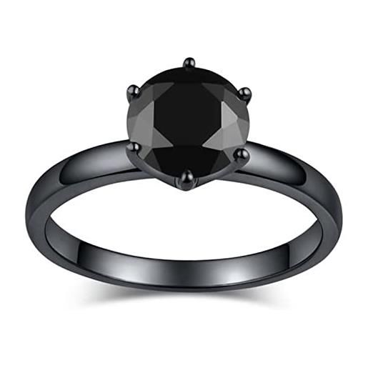 Jeulia - anello da donna con solitario nero, taglio rotondo, in argento sterling e argento, 11, cod. No