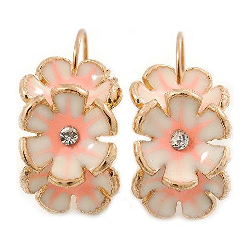 Avalaya orecchini floreali smaltati bianchi e rosa chiaro a forma di c da 30 mm in tonalità oro, misura unica, cristallo