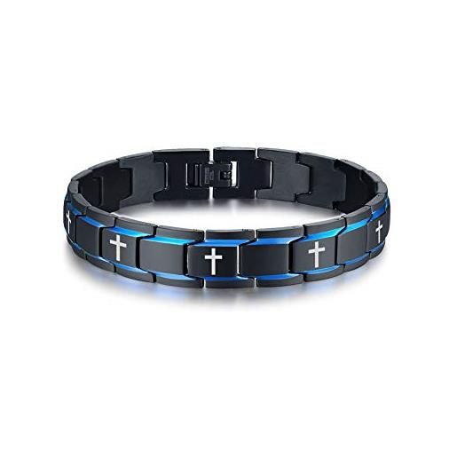 PJ JEWELLERY braccialetto a maglie in acciaio inox 2 tonalità nero blu e nero, per uomo e ragazzo e acciaio inossidabile, cod. P-br-706bl-cross