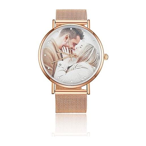 Lam Hub Fong personalizzati foto orologio da polso per donna con incisione testo moda orologio metallo cinghia rose gold quadrante nero impermeabile regalo di compleanno per la madre fidanzata famiglia (oro rosa)