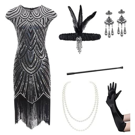 Gammify abito da sera da donna anni '20, con scollo a v, con perline e frange, set di accessori 20, nero e dorato, m