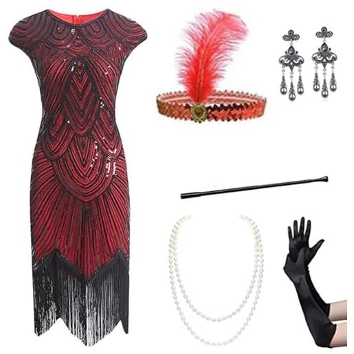 Gammify abito da sera da donna anni '20, con scollo a v, con perline e frange, set di accessori 20, nero e argento, xl