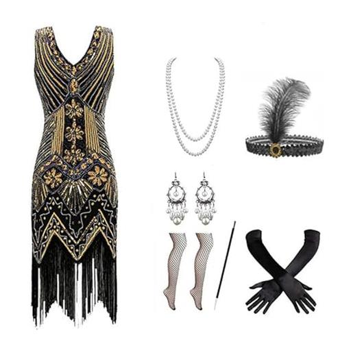 Gammify abito da sera da donna anni '20, con scollo a v, con perline e frange, set di accessori 20, nero e argento, xl