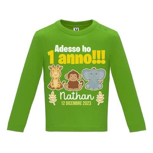 Gattablu t-shirt maglietta bimbo manica lunga primo compleanno!Adesso ho 1 anno!Giungla safari!Personalizzata con nome e data!Verde!