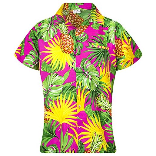 King kameha funky casual hawaiian camicetta camicia donna tasca frontale pulsante giù molto forte manica corta ananas fiori stampa, ananas foglie rosa, 3xl