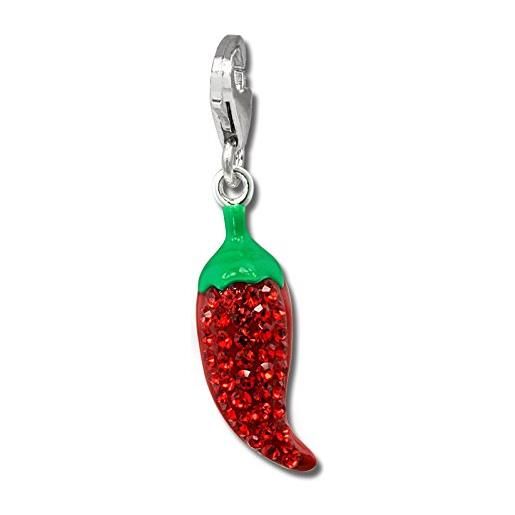 SilberDream, charm con brillantini 3d a forma di peperoncino, con zirconia cubica di colore rosso, in argento sterling 925, per collane, braccialetti e orecchini
