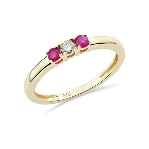 Miore anello eternità con diamanti e rubini, diamanti naturali di 0,06 carati e rubini rossi naturali di 0,19 carati in oro giallo 375 di 9 carati