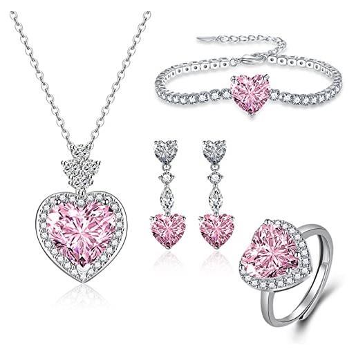Wycian set di gioielli a forma di cuore in argento, collana e orecchini, set di gioielli con zirconi e cuore, 4 pezzi, collana con orecchini e anello, cristallo, zirconia cubica