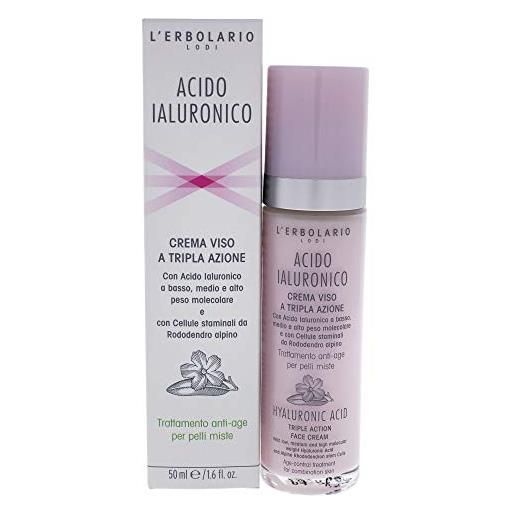 L'Erbolario, crema viso acido ialuronico per pelli miste, trattamento normalizzante e dermopurificante, 50 ml