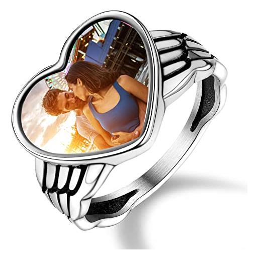 Custom4U anello personalizzata con foto ali d'angelo cuore argento puro da donna s925 foto a colori con strato protettivo in resina anello di coppia regalo di compleanno