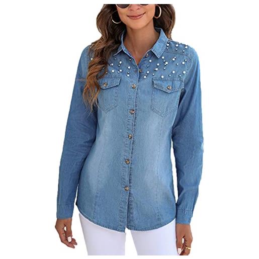 Suncolour camicia di jeans a maniche lunghe per donna camicette a tunica casual vintage camicette di jeans di cotone abbottonate con risvolto arrotolato con tasca perle