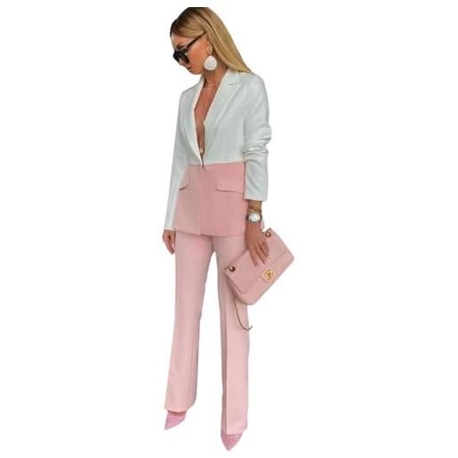 Generico tailleur donna bicolore giacca pantalone elegante bianco e rosa/m/l