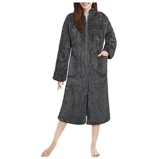 Onsoyours camicia da notte donna cappotto accappatoio lungo casual camicie da notte con cerniera tasche loungewear vestaglia da notte onesie pigiama in pile morbida calda giacca a grigio scuro l