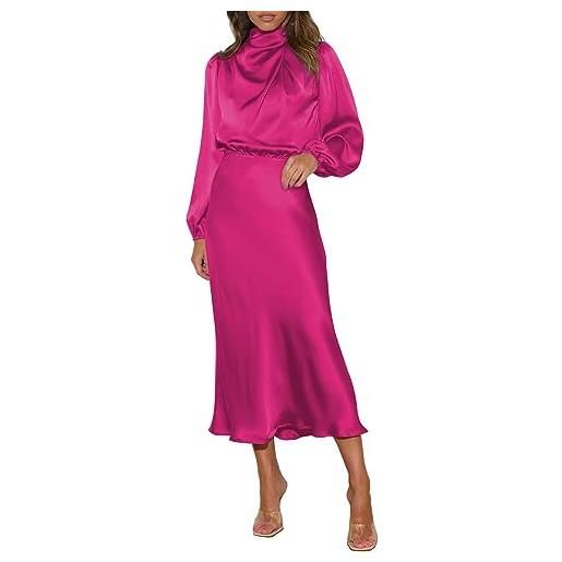 Yowablo abito elegante slim fit a maniche lunghe in raso tinta unita da donna abiti a tubino (hot pink, xl)