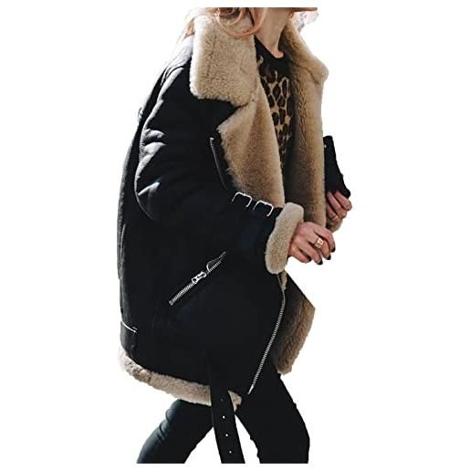 VIVICOLOR cappotto da donna in pelle scamosciata di montone, soprabito foderato in sherpa scamosciato da donna, giacca in pelle scamosciata foderata