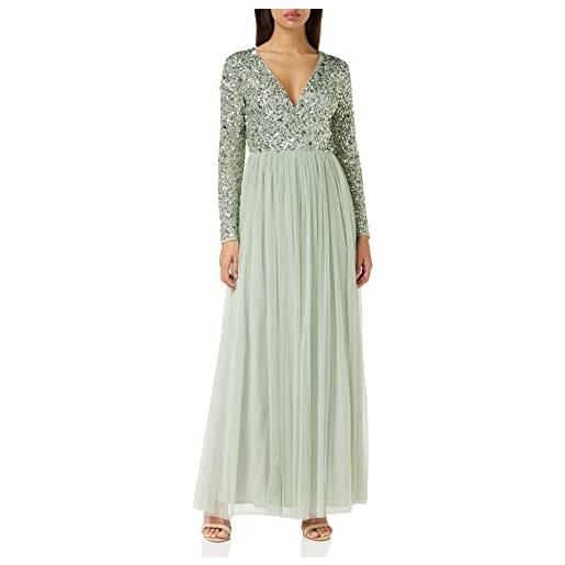 Maya Deluxe ladies maxi dress for women with long sleeves v neckline plunging sequin embellished for wedding guest bridesmaid prom, vestiti da donna, green lily, 50 eu